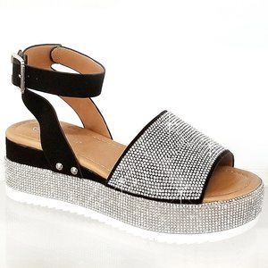 Black Rhinestone Flatform Platform Wedge Sandals